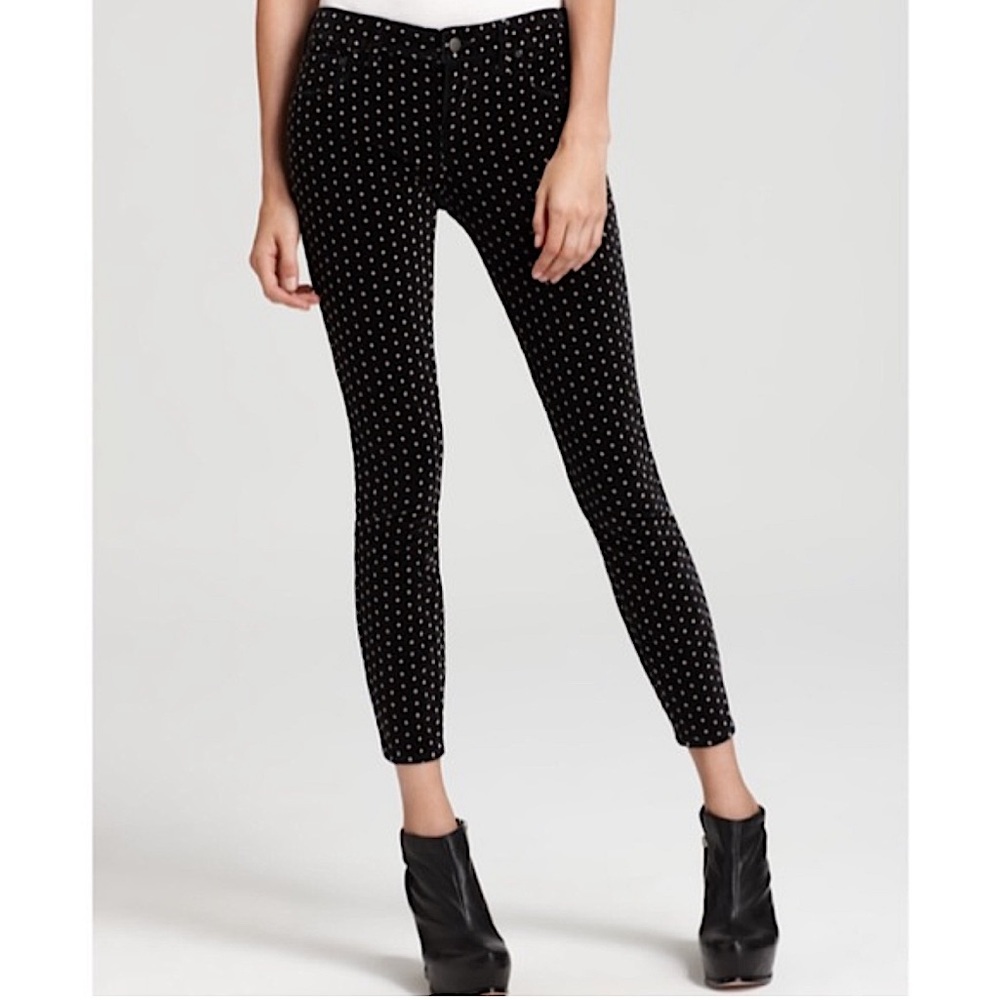 Free People Polka Dot Velvet Black Crop Skinny Jean Ankle Pants Size 29